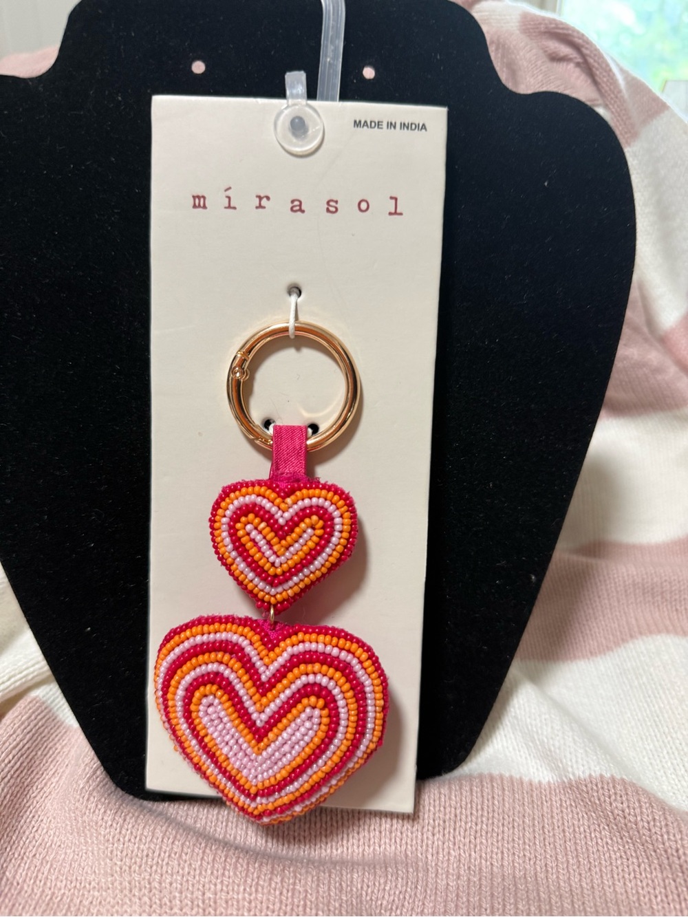 Mirasol Double Beaded Heart Keyring or Bag Charm- Pink & Orange